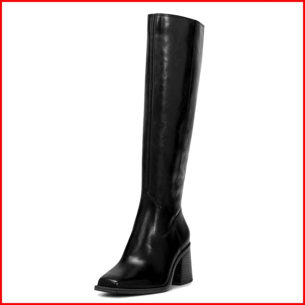 Tall loose-calf Black Leather-Look Knee Boot with Stacked Heel